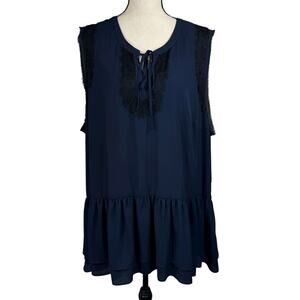 Lane Bryant SZ 28 Tunic Top Sleeveless Ruffled Lace Accent Keyhole V-Neck Navy